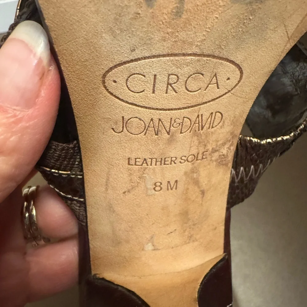 CIRCA JOAN & DAVID Leather And Canvas SZ 8 Open Toe Heel 2 Strap Y2K Bronze EUC